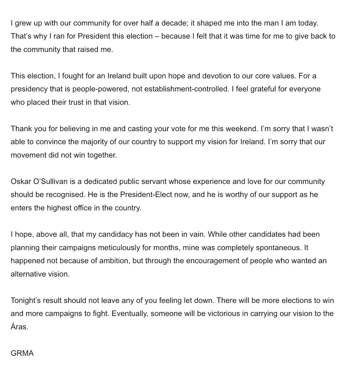 Tomás Uítheachair delivers concession speech